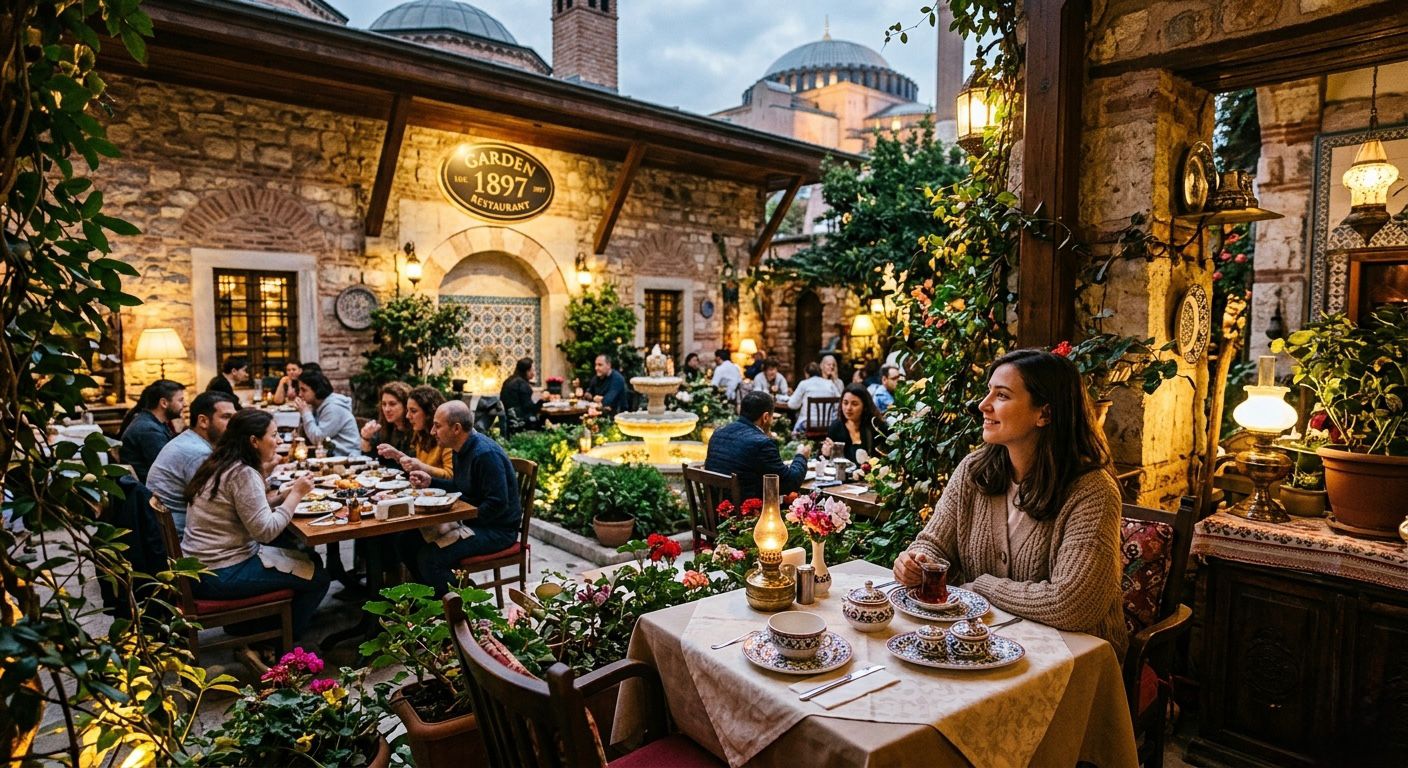Lantern-lit evening dining with the old town and Hagia Sophia behind