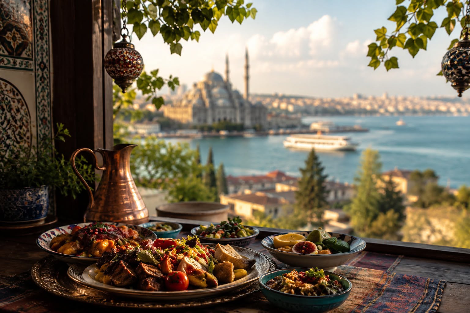 Clay-pot kebab and meze bowls with the mosque skyline beyond