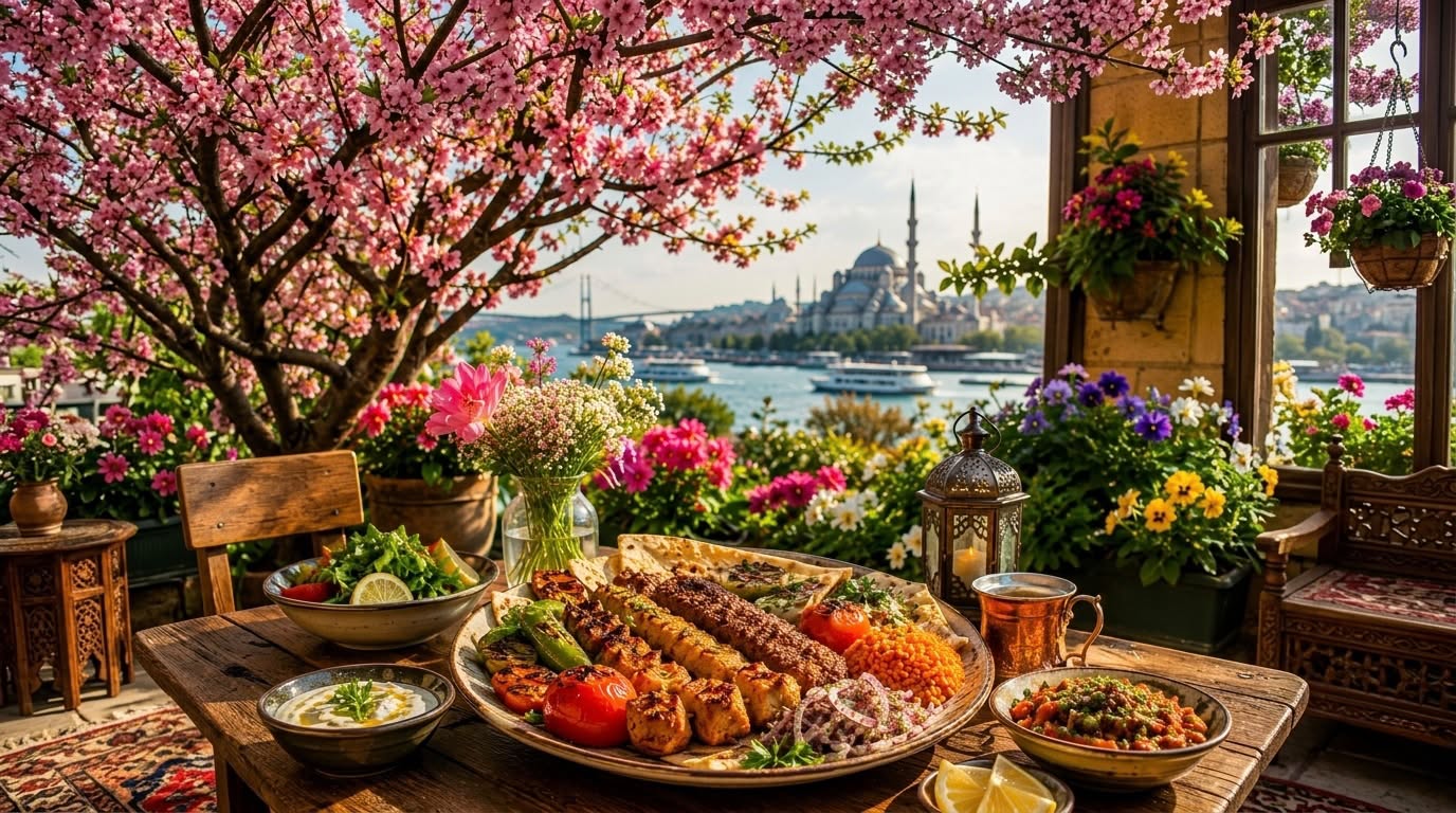 Grilled kebab platter framed by spring blossom with a Golden Horn view
