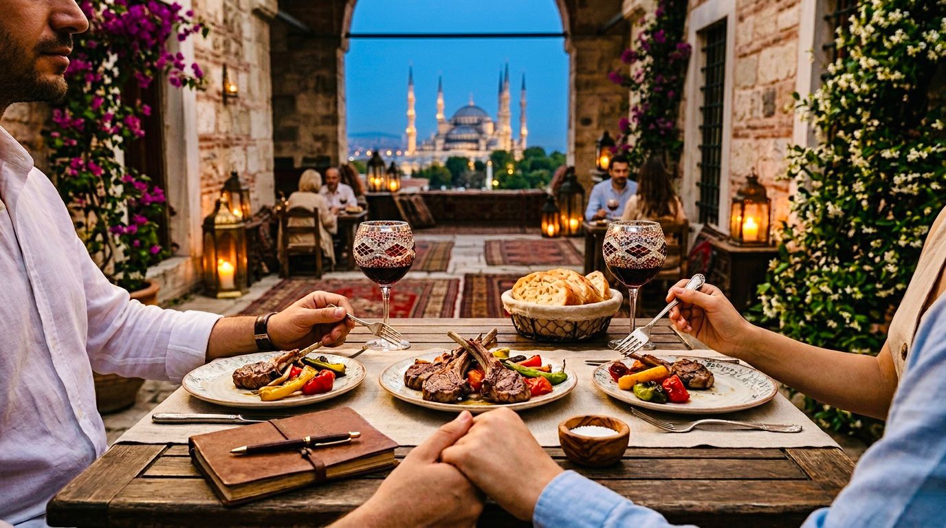 Candle-lit garden table laid with mezes, the Blue Mosque domes glowing behind at dusk