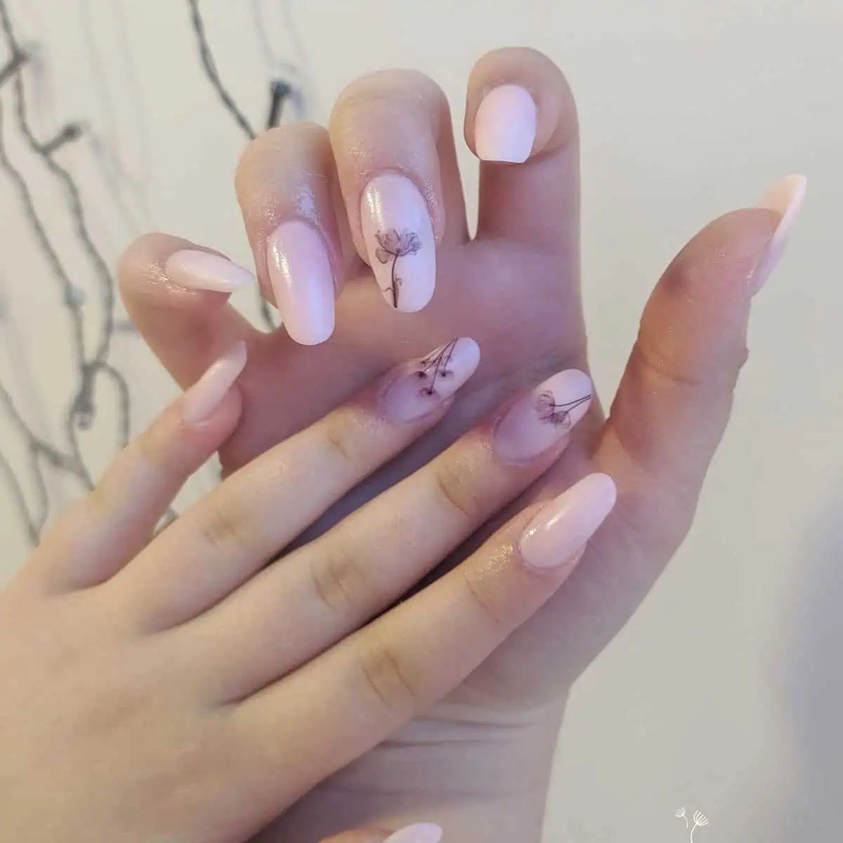 Nude hand-painted botanics manicure