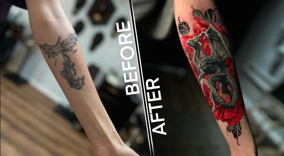 Bir cover-up dövmenin öncesi ve sonrası